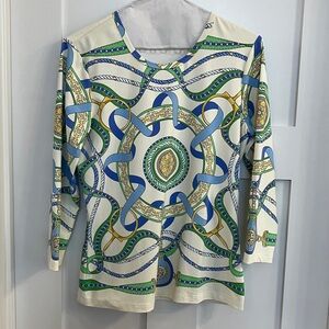 J. McLaughlin Blue and Green Patterned Signature Long Sleeve Top